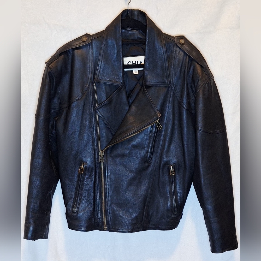 VTG Chia Black Leather Motorcycle Jacket Mens XS Biker Rocker Heavy Punk Korea